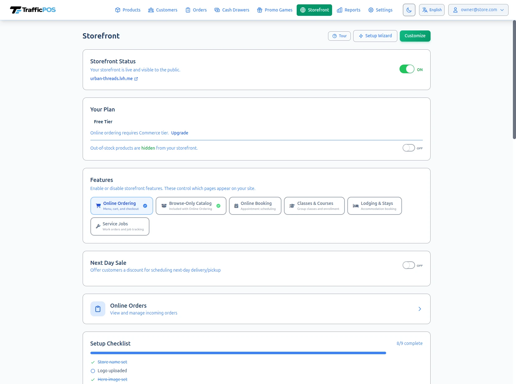 TrafficStores storefront management dashboard